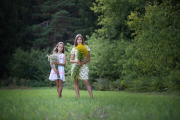 Naklejka na ściany i meble Two girls friends with bouquets of flowers are posing in the forest.