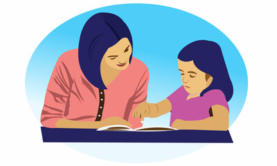 Fototapeta premium Mother Reading Book Her Cute Baby