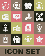 Set Head hunting, Location with person, Project team base, Speech bubble job, Resume, Time Management and Hand for search people icon. Vector