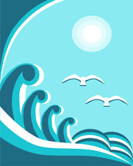 Waves of the sea and flying seagulls. Abstract illustration. Vector illustration.