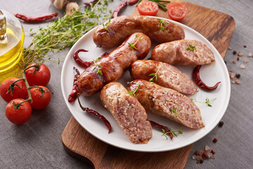Homemade sour sausages with Thai herbs, vegetables. homemade pork meat sausages in skins with herbsand spices. Top view. Black background. Barbecue sausage with fresh parsley. grilled sausages.
