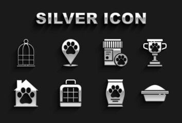 Set Pet carry case, award, food bowl, Bag of, house, Dog medicine bottle, Cage for birds and Location veterinary icon. Vector