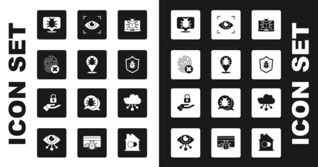 Set System bug on monitor, Cancelled fingerprint, Eye scan, Internet of things and Lock hand icon. Vector