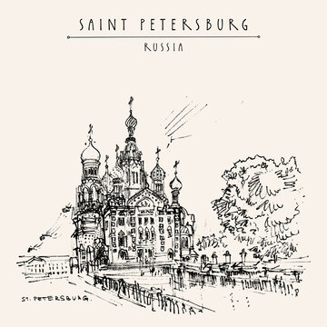 Vector Saint Petersburg, Russia postcard. The Church of the Savior on Spilled Blood (Cathedral of the Resurrection). Historical building. Travel sketch. Hand drawn illustration