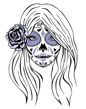 Day of Dead makeup girl face in vintage monochrome style isolated illustration. Girl with skeleton make up black and white style. Hand drawn vector sketch. Santa muerte woman illustration