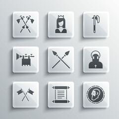 Set Decree, parchment, scroll, Ancient coin, Monk, Crossed medieval spears, flag, Trumpet with, axes and Medieval icon. Vector