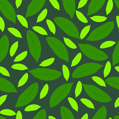 Pattern with leaves. Dark background with green leaves. Autumn, fallen leaves