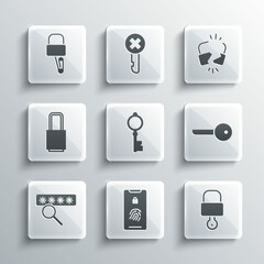 Set Mobile with fingerprint scan, Lock and key, Key, Old, Password protection, picks for lock picking and Broken cracked icon. Vector