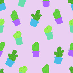 Pattern with different types of cacti. Pink background with green cacti. Bright cactus pots