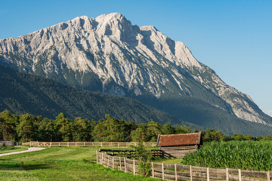 a wooden hut near a corn field surrounded by wooden fence with mountains in a background