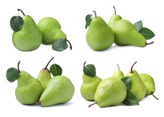 Set with tasty ripe pears on white background