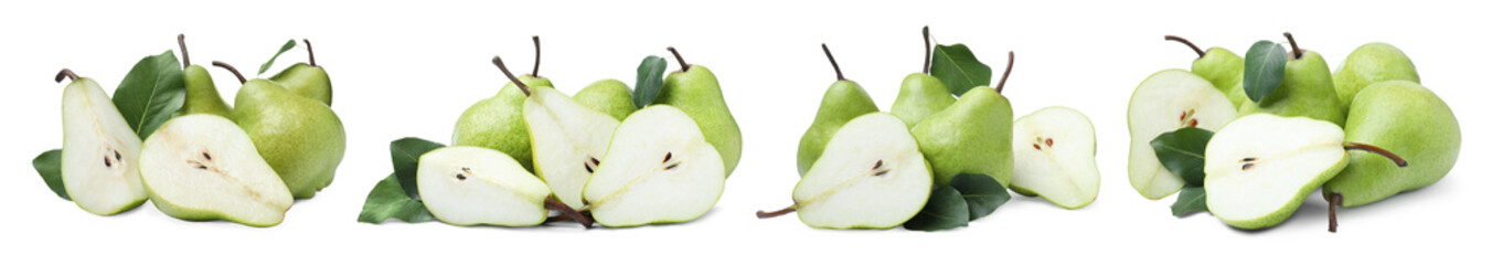 Set with tasty ripe pears on white background. Banner design