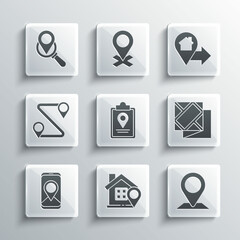Set Location with house, Folded map, location marker, City navigation, Route, Search and icon. Vector