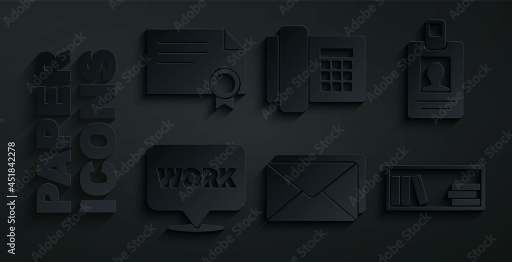 Poster set envelope, identification badge, location with text work, shelf books, telephone and certificate 