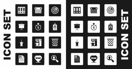 Set Target sport, Time is money, Chalkboard with diagram, Office folders, Identification badge, Calendar, Trash can and Push pin icon. Vector