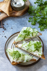 Healthy breakfast or holiday snacks. Toast with cucumbers, herbs and ricotta on a light slate stoleshnitsfone.