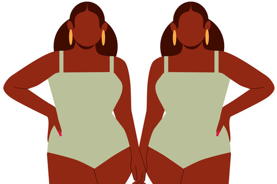 Concept on beauty standards and body positivity. Black beautiful twin sisters in swimsuit. Colorful illustration on white background. Character design