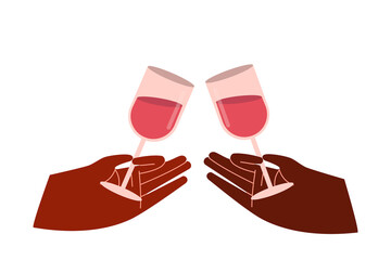 Two black hands holding glasses of rose, dry red wine. Celebration, time off, holiday. Colorful vector illustration on white, isolated background. Cheers, cin cin