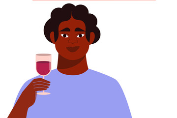Young black, gender fluid person with a glass of wine.  Delivering a speech, presenting, celebrating. Colorful vector illustration on white, isolated background. 