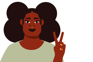 Young, black girl, woman showing victory sign. Colorful vector illustration on white background. Colorful character design