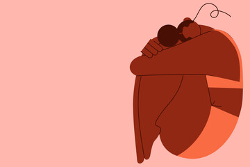 Concept on self-acceptance and self-love. Black woman in a fetal position. Colorful vector illustration