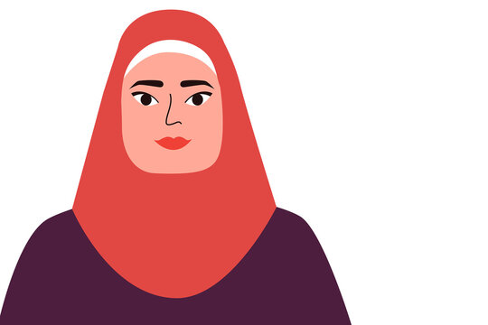 Muslim woman, girl wearing red hijab, veil, face covering. Colorful vector illustration on white background
