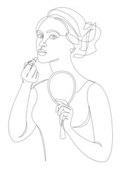 Silhouette of a lady. A woman does makeup, paints her lips with lipstick in a modern one line style. Continuous line drawing, outline for home decor, posters, stickers, logo. Vector illustration.