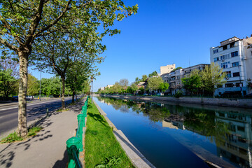 Landscape with large green old trees near Dambovita river and clear blue sky in the center of...