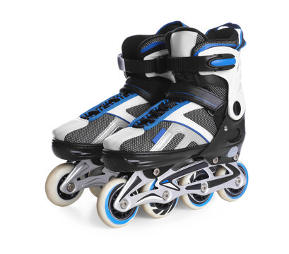 Pair of inline roller skates on white background. Sports equipment