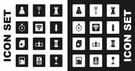Set Business strategy, Wi-Fi wireless internet network, Stopwatch, Badminton shuttlecock, Pencil with eraser, Spatula, Sewing thread spool and Playing cards icon. Vector