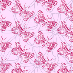 Modern seamless pattern colorful design with hand drawn and purple butterflies on pink background. Can be used for printing on paper, stickers, badges, bijouterie, cards, textiles.