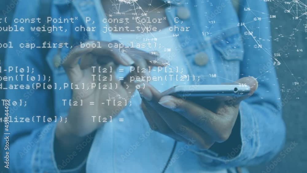 Poster animation of data processing over woman using smartphone
