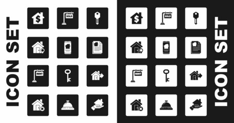 Set House key, Online real estate house, Location with, dollar symbol, contract, Hanging sign Sold, Sale and Rent icon. Vector