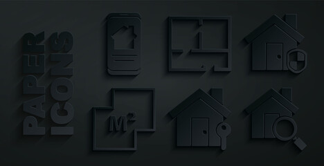 Set House with key, under protection, plan, Search house, and Online real estate icon. Vector