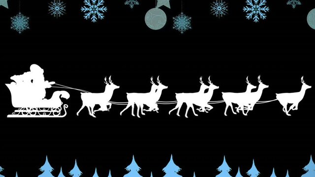 Animation of white santa sleigh and reindeer, with blue tree tops, snowflakes, stars and baubles