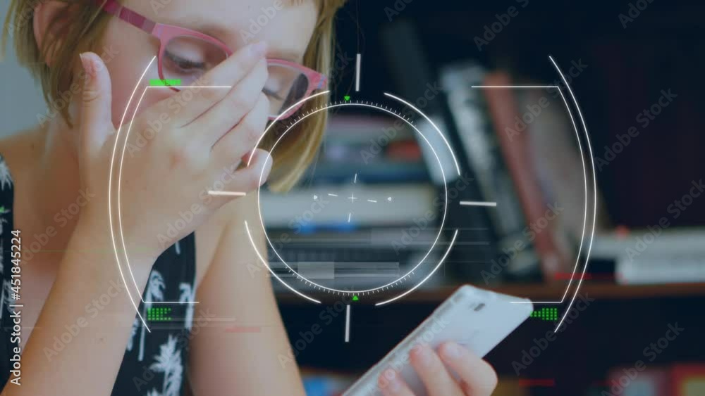 Poster animation of scope scanning and data processing over girl using smartphone