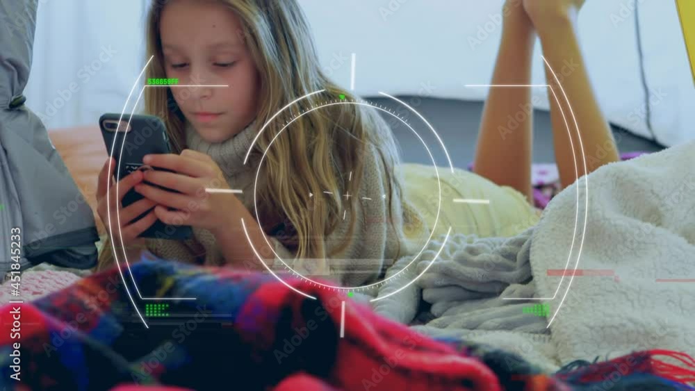 Poster animation of scope scanning and data processing over woman using smartphone