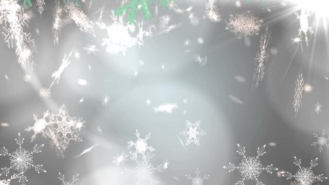 Animation of green tree tops, with falling snowflakes on grey background