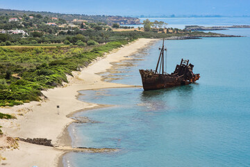 Shipwreck on the Greek coast, beautiful sea landscape 