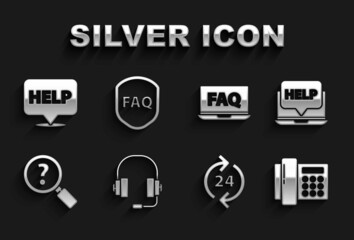 Set Headphones, Laptop and help, Telephone, 24 hours support, Unknown search, FAQ, Speech bubble with text Help and Shield icon. Vector