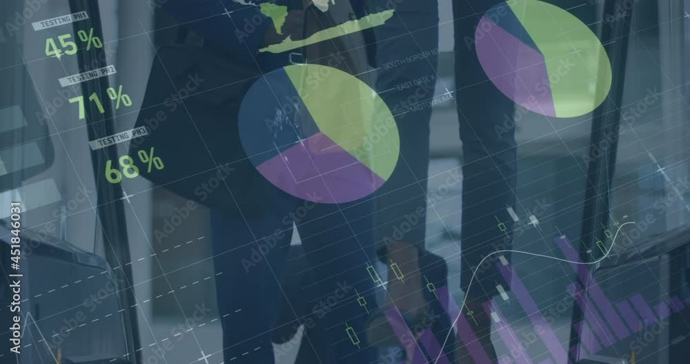 Aufkleber animation of financial data processing over business people using escalator in office