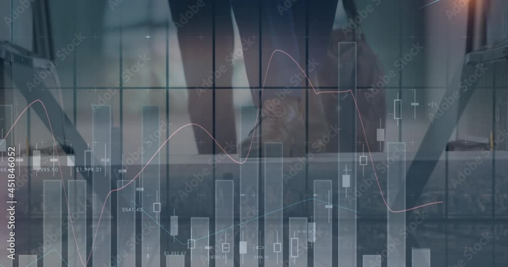 Aufkleber animation of financial data processing over business people using escalator in office