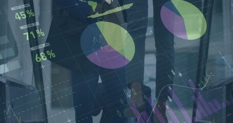 Animation of financial data processing over business people using escalator in office - Powered by Adobe