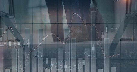 Animation of financial data processing over business people using escalator in office - Powered by Adobe