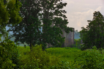 Three silo towers stand in a lush landscape in under cloudy skies