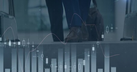 Animation of financial data processing over business people using escalator in office - Powered by Adobe