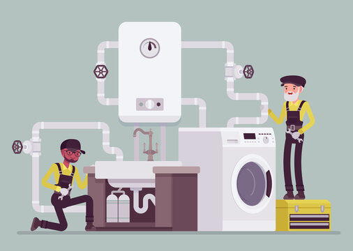 Professional plumbers installing, maintaining water pipe system in kitchen, bathroom. Technicians upgrading, replacing water heater, filtration for washing, cooking or laundry. Vector illustration