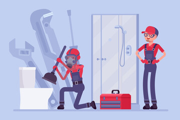 Plumbing services, sewer cleaning and emergency repair. Plumbers clear blockages in drains, pipes with plunger, stoppages, overflowing toilets or slow flushing problem in bathroom. Vector illustration - obrazy, fototapety, plakaty