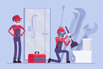 Plumbing services, sewer cleaning, doing emergency repair. Plumbers clear blockages in drains, pipes with plunger, stoppages in toilets, smell or slow flushing problem in bathroom. Vector illustration - obrazy, fototapety, plakaty