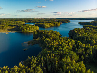 Beautiful aerial view of Moletai region, famous or its lakes. Scenic summer evening landscape, Lithuania